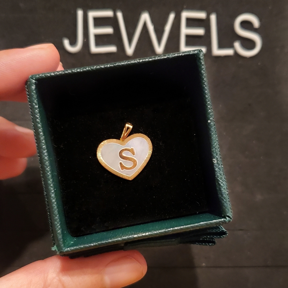 18K Real Saudi Gold Heart Initial Pendant with Mother of Pearl
